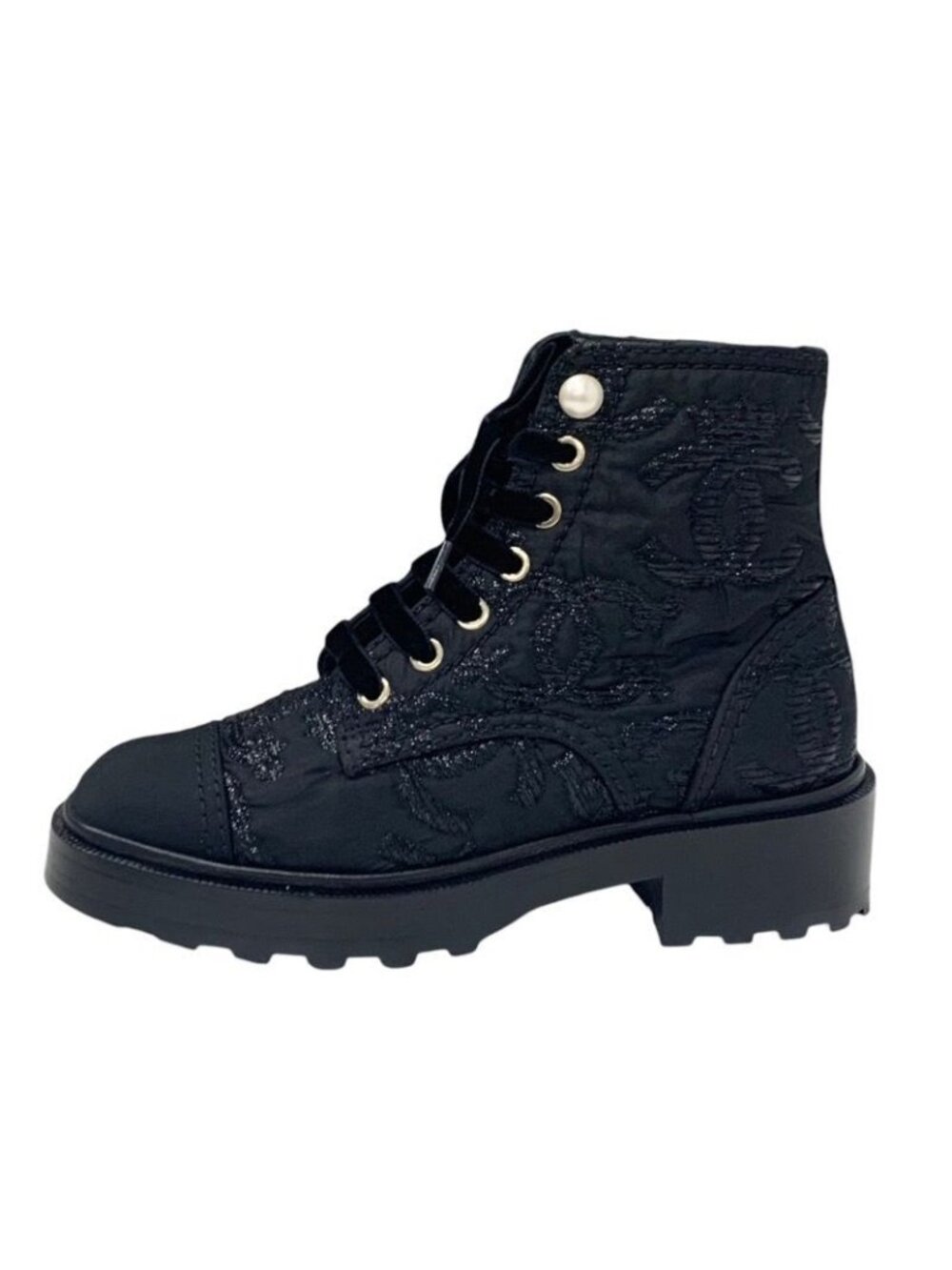 Chanel Boots Short Shoes Fabric Black Coco Mark Lace Up Pearl - Picture 4 of 10